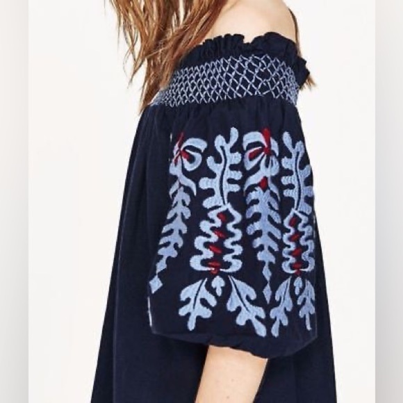 Zara Blumenmuster Embroidered Off Shoulder Tunic Dress Flower Embroidery Size S - Picture 3 of 15